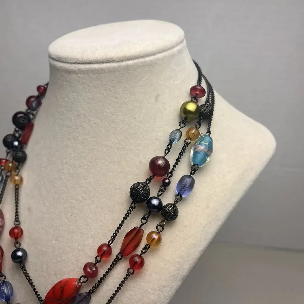 Avon Multicolored Layered Beaded Necklace Colorful Floral Adjustable 17-21